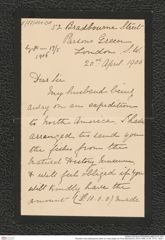 Nachlass Franz Steindachner, Brief von Clara Degen an Franz Steindachner (20.04.1906), Inv.Nr. 101.01, Seite 1